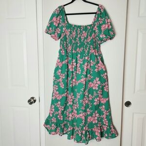 J. Crew Floral Puff Sleeve Smocked Square Neck Midi Dress Pockets Green Large